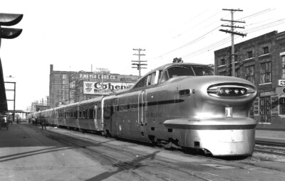 Black and white photo of 1950 futuristic passenger train
