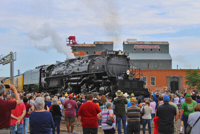 Large black Big Boy steam locomotive in crowd of people. Trains LIVE — Union Pacific's Ed Dickens.