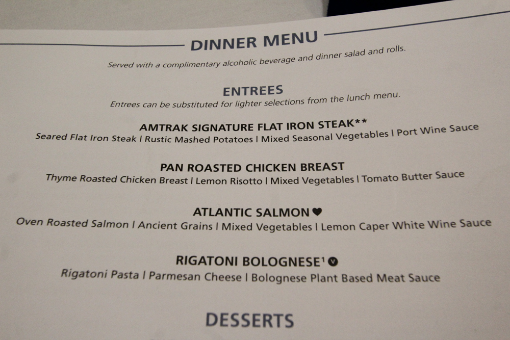 Photo of part of Amtrak dinner menu