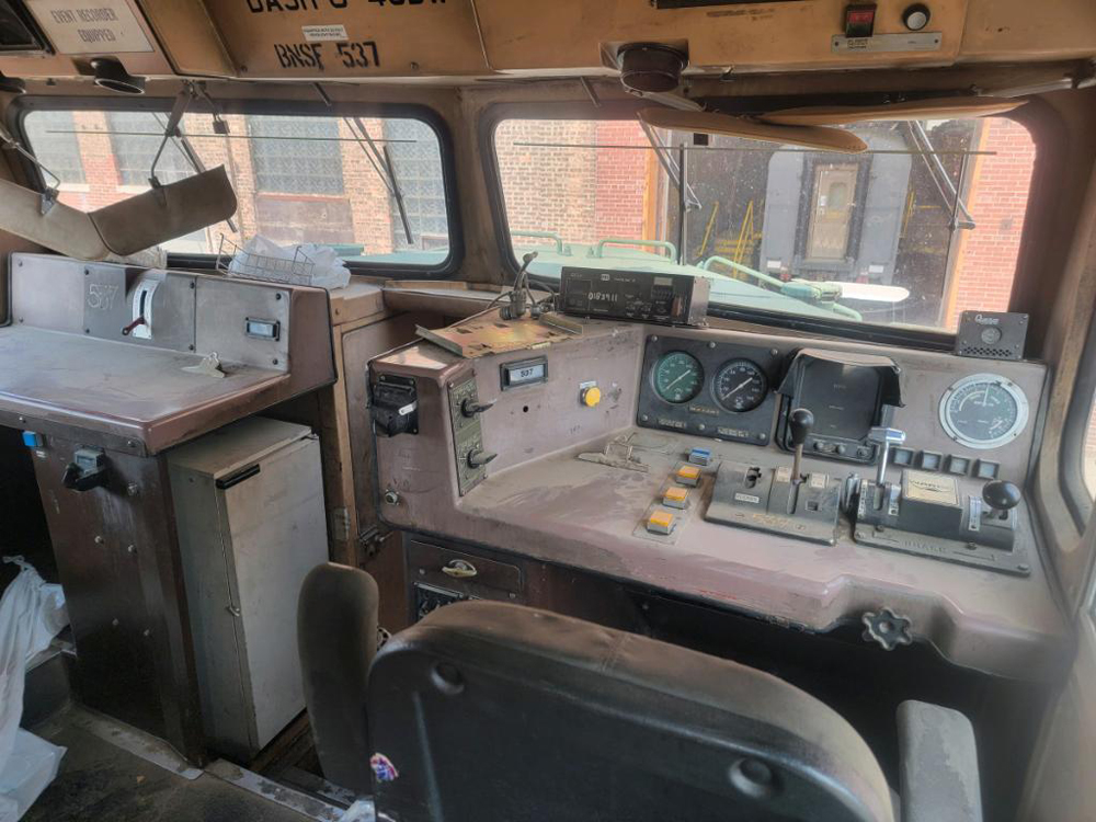 Dusty cab interior of diesel locomotive