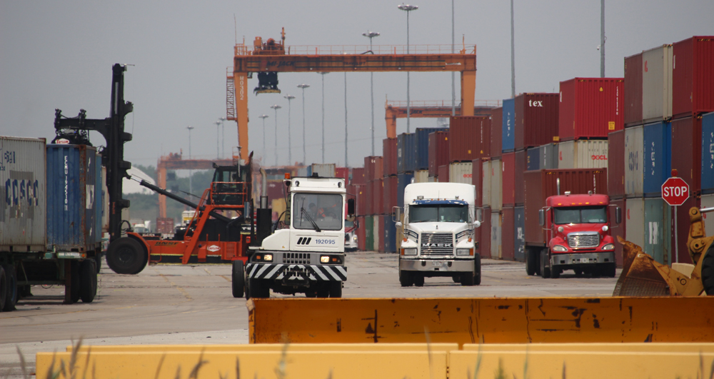 Trucks and containers at intermodal yard