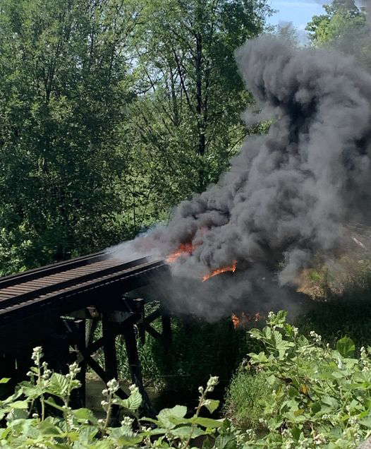 Wooden bridge on fire