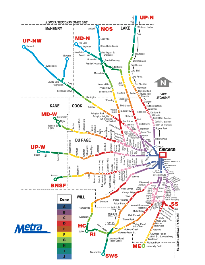 Map showing Metra system divided into 10 fare zones