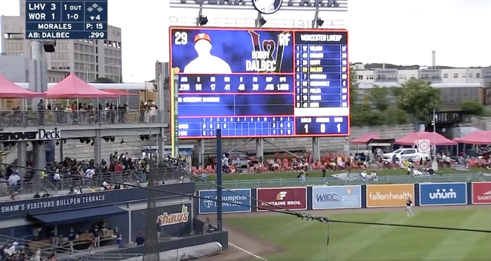 Image of ballpark outfield with autoracks passing by.