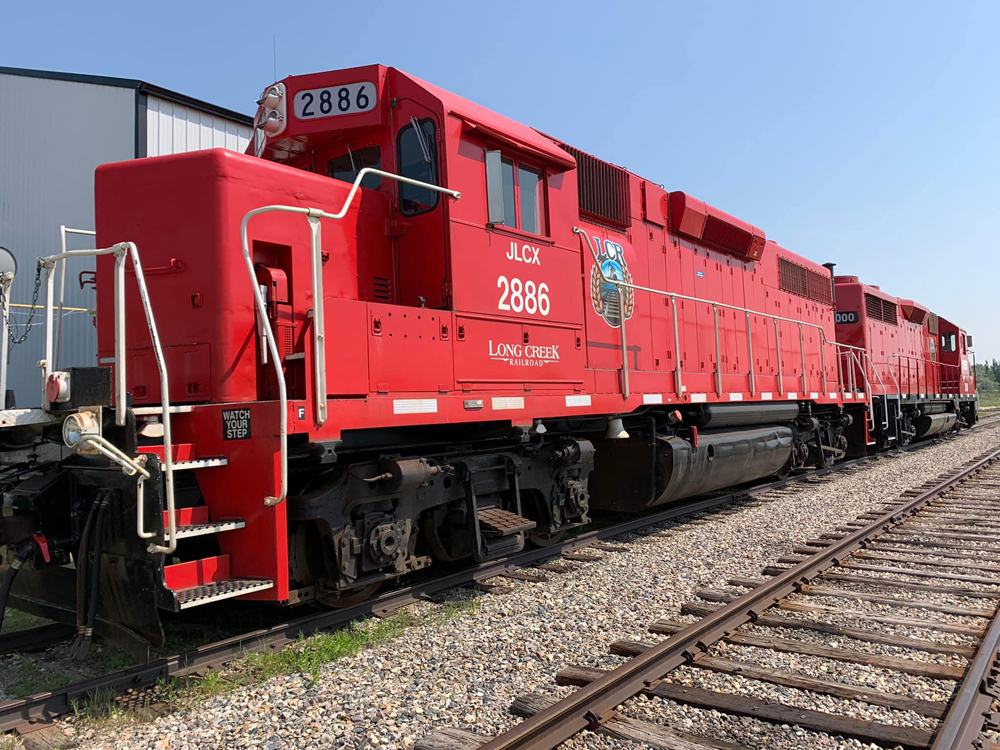 Two red locomotives