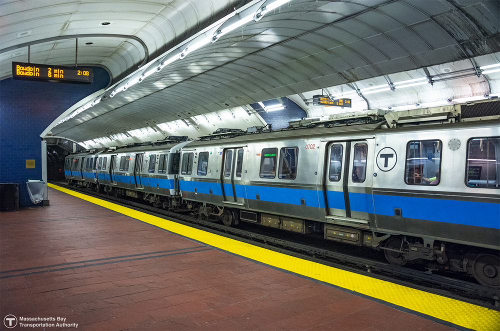 Subway train in station