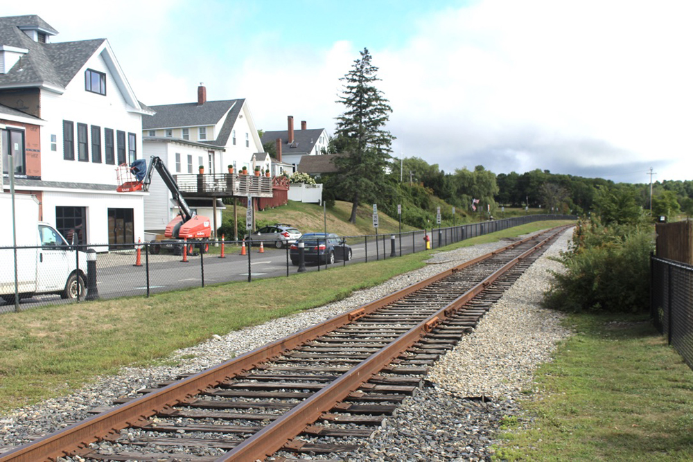 Single railroad track in small town.