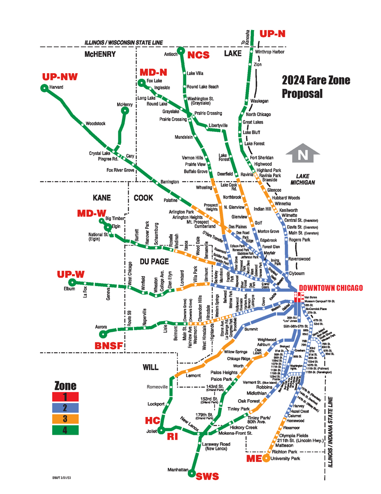 Map of Metra system showing proposal for four fare zones