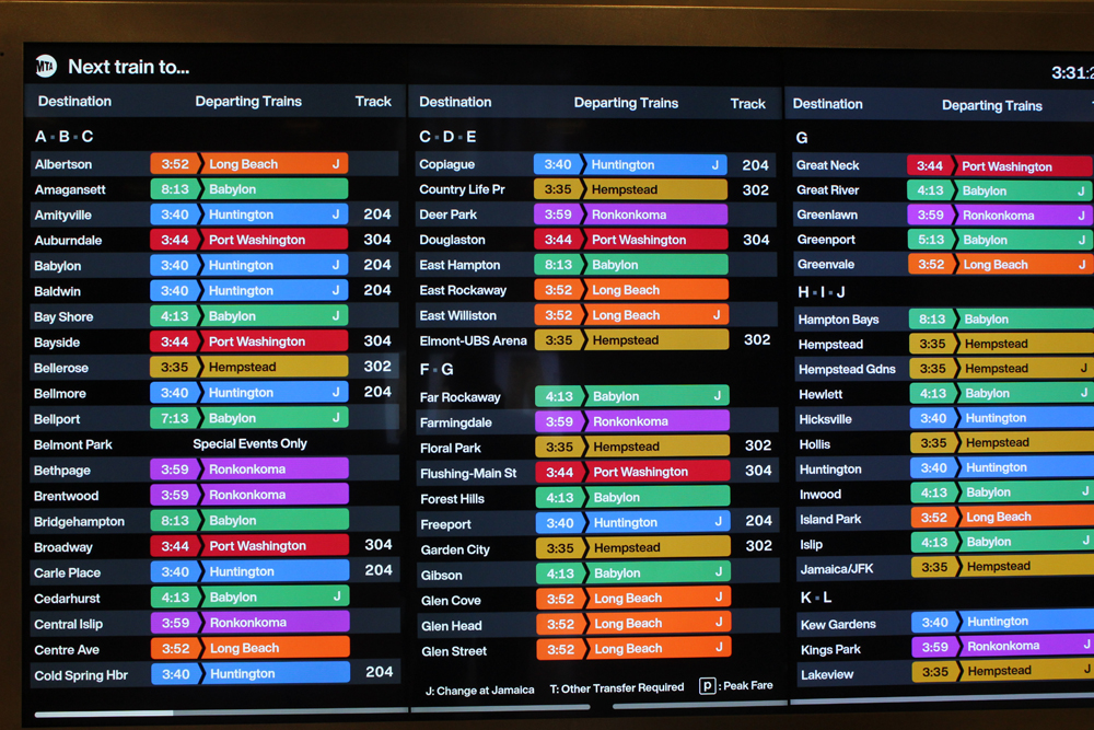 Electronic message board showing Long Island Rail Road departures by station