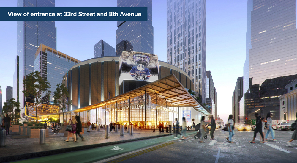 Exterior view of Penn Station entrance with Madison Square Garden in the background