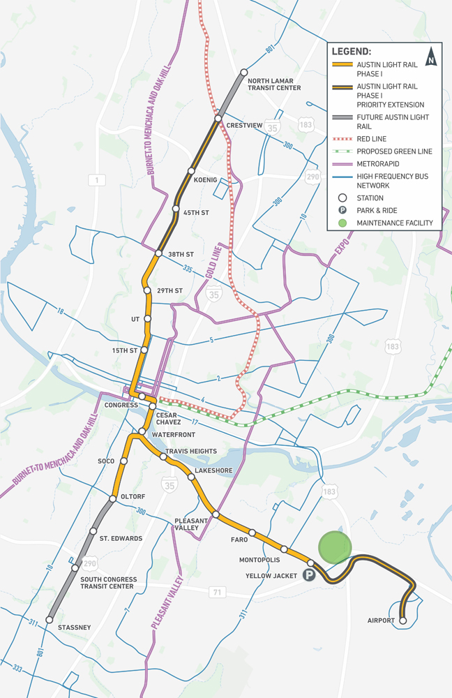 Map of planned light rail in Austin, Texas