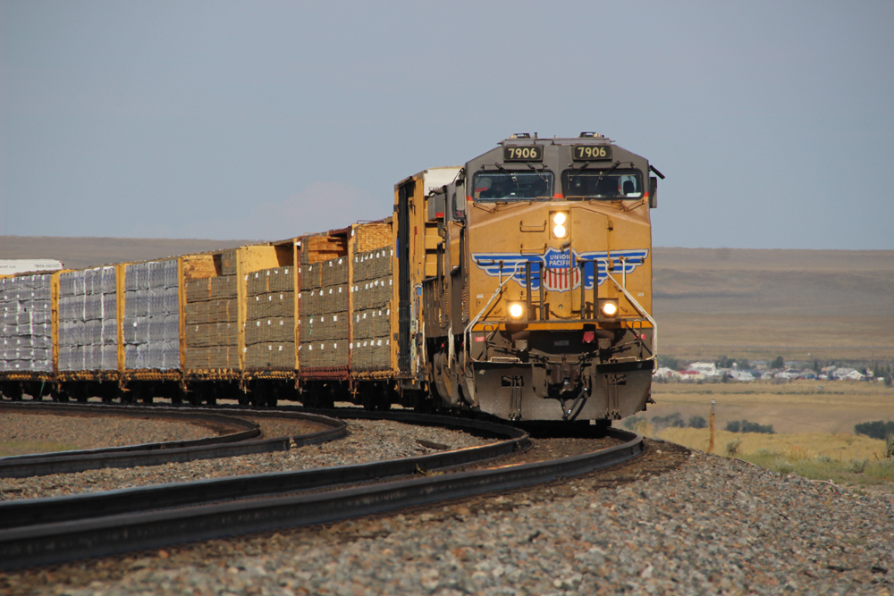Freight train with two yellow locomotives with small town in distance