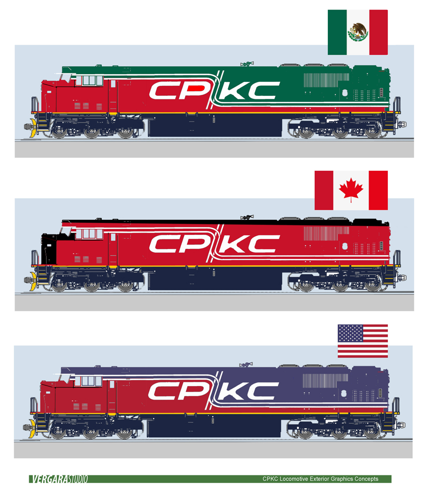 Side views of three locomotives painted for CPKC with schemes based on the Mexican, Canadian, and U.S. flags