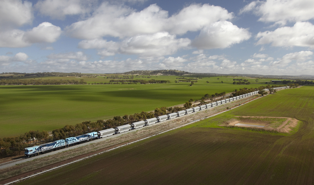 Aerial view of grain train with two blue double-ended locomotives