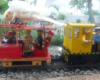 train and caboose on track filled with passengers/crew