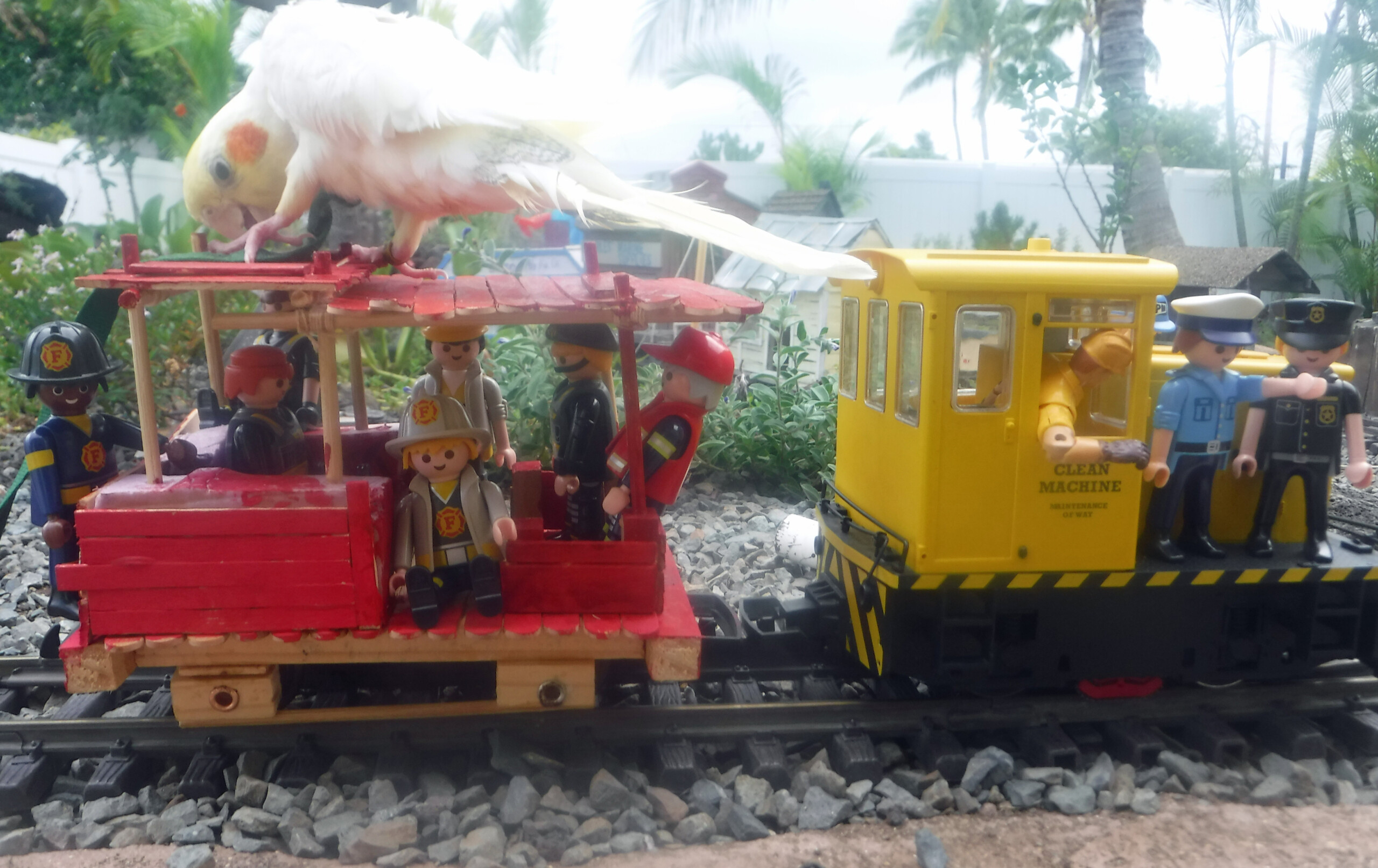 train and caboose on track filled with passengers/crew