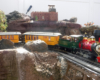 steam engine with train on curve of garden railway