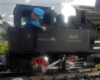 blue figure in cab of black model engine