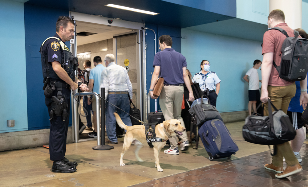 officer and dog screening passengers