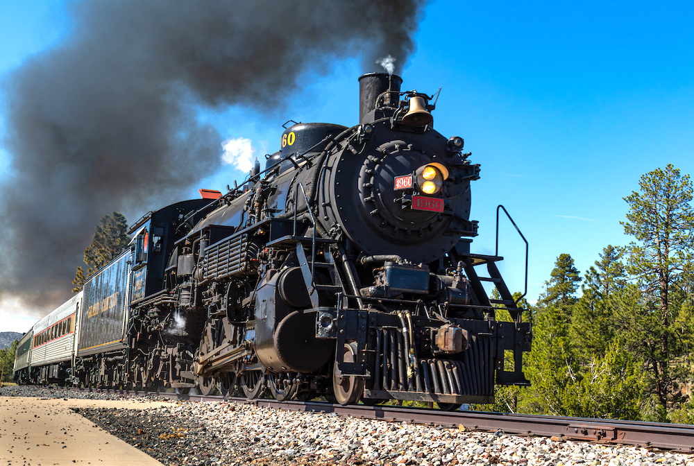 A black steam locomotive pulls passenger cars down a single-track line under a blue sky