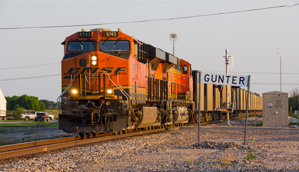 Two orange diesel lead train past "Gunter" station sign