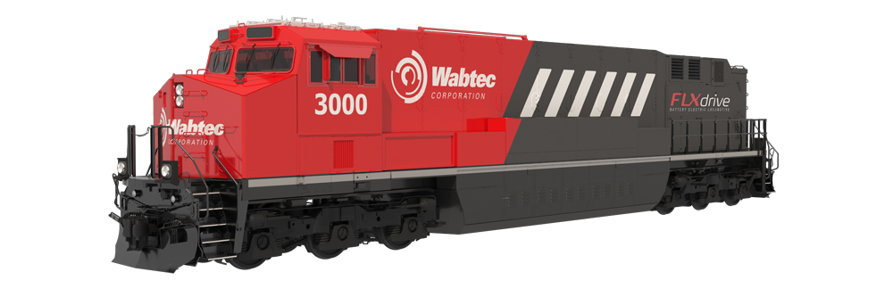 Rendering of red and gray locomotive