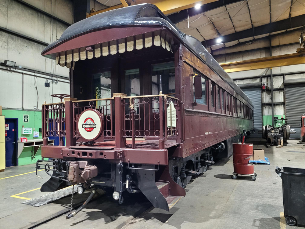 Three-quarters view of passenger car with observation platform