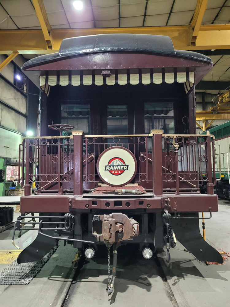 Rear view of private car with observation platform. 