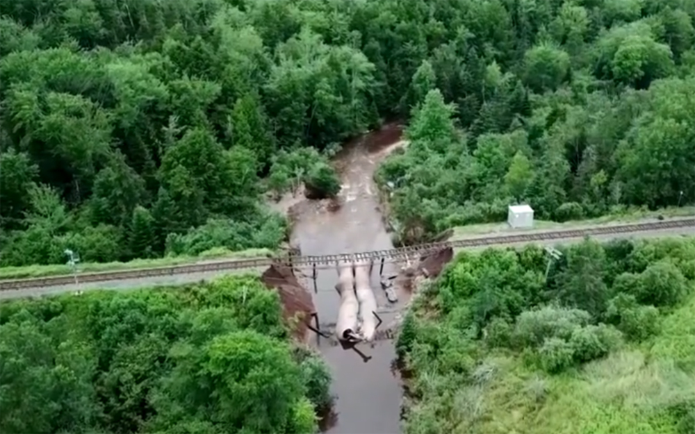 Aerial image of washed out rail line