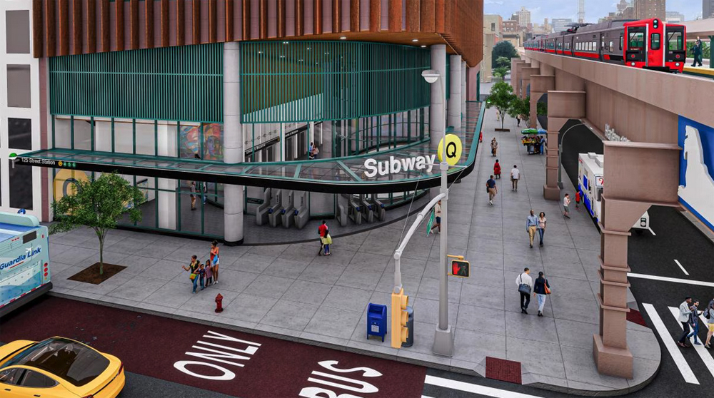 Rendering of subway station entrance next to elevated railroad line
