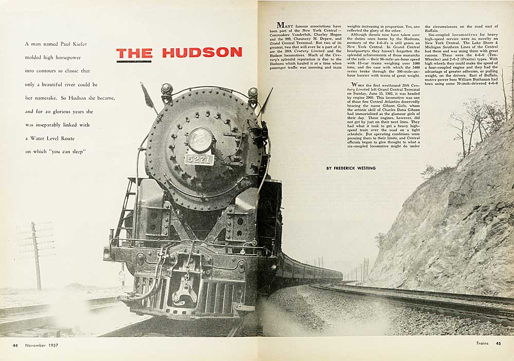 Steam locomotive on magazine page with text