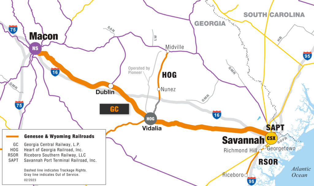 Genesee & Wyoming plans for first test of autonomous container equipment. Map of Genesse & Wyoming Central Georgia short line railroad.