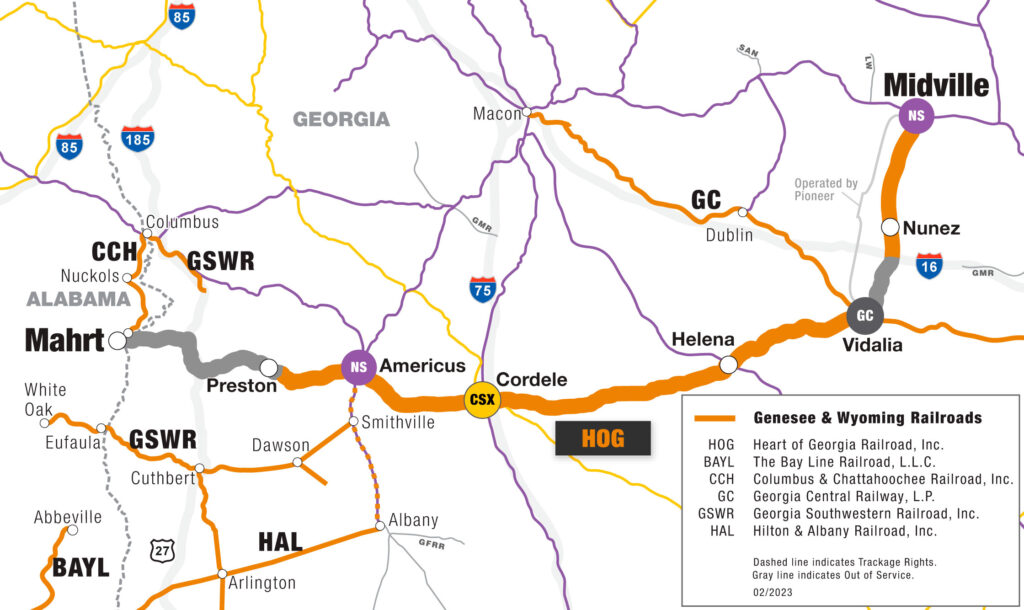 Genesee & Wyoming plans for first test of autonomous container equipment. Map of Genesse & Wyoming Heart of Georgia short line railroad.