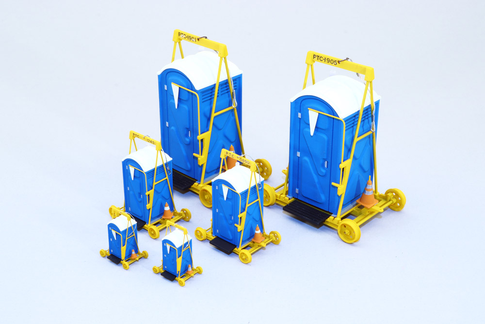 an image of six 3D printed rail cart porta pottys in O, HO and N scale