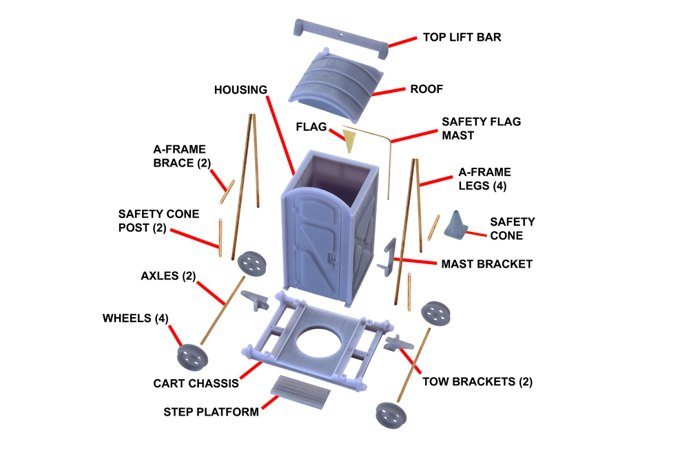 A labeled diagram of a deconstructed 3-D printed porta-potty and rail cart chassis