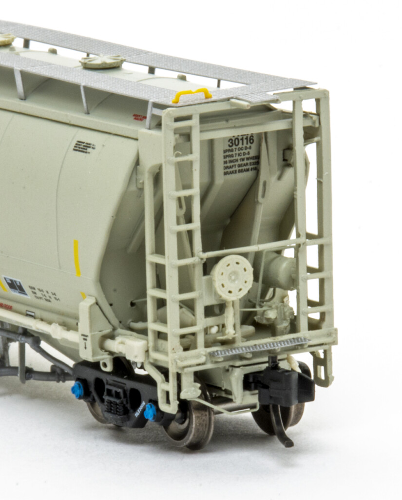 Color photo showing B end of N scale covered hopper. 