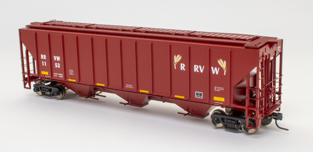 Color photo of O scale three-bay covered hopper in Oxide Red paint with white graphics.