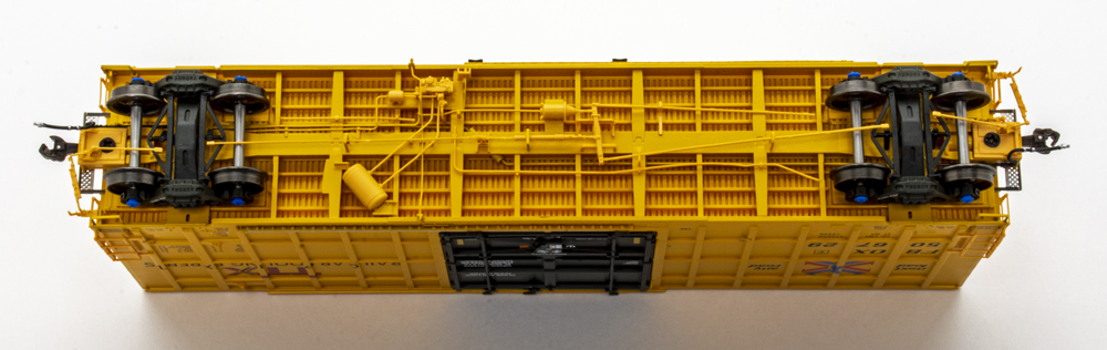 Photo showing trucks and underbody details on HO scale boxcar.