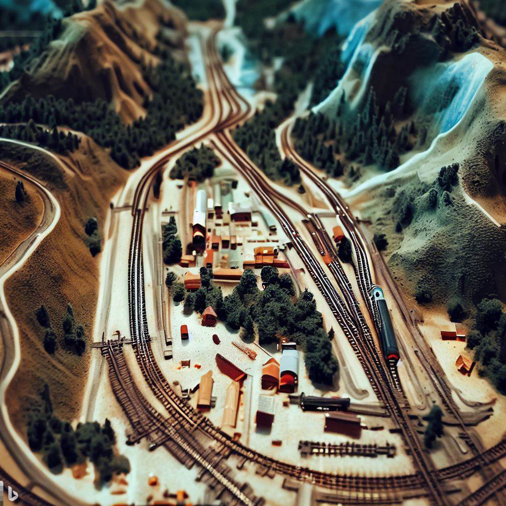 Designing structure interiors with artificial intelligence: An AI generated image of a model railroad, featuring multiple tracks and a town in the center of them.
