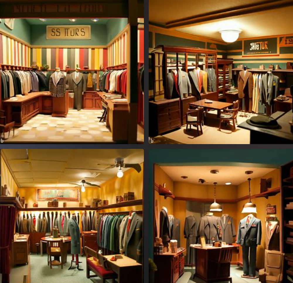 Four AI generated images of a 1950s suit store