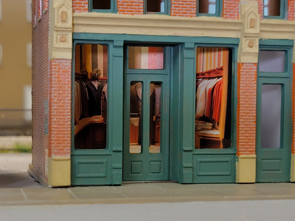 An image of a model railroad structure with an AI generated suit store interior.