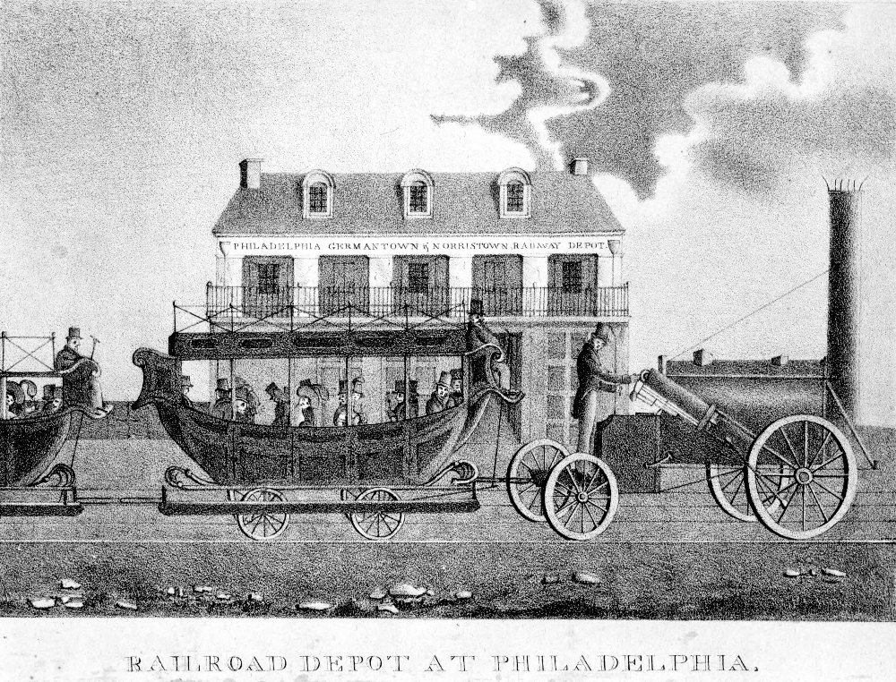 art lithograph or 1820s train in front of a station.