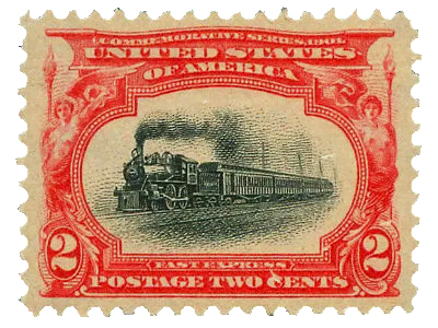 Two-cent postage stamp with steam locomotive and passenger train