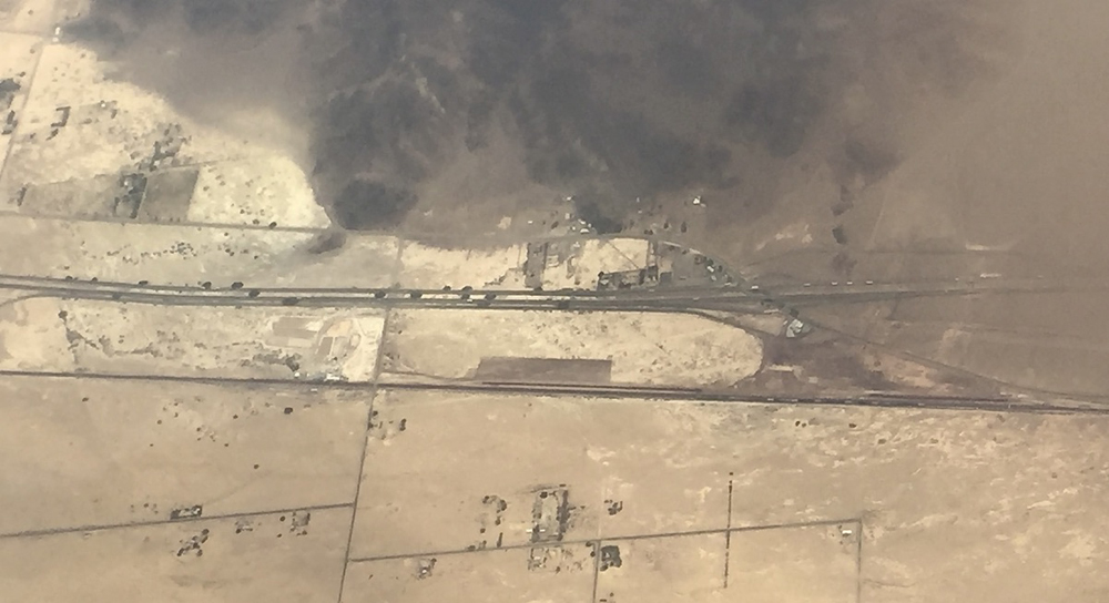 Aerial view of interstate highway in desert 