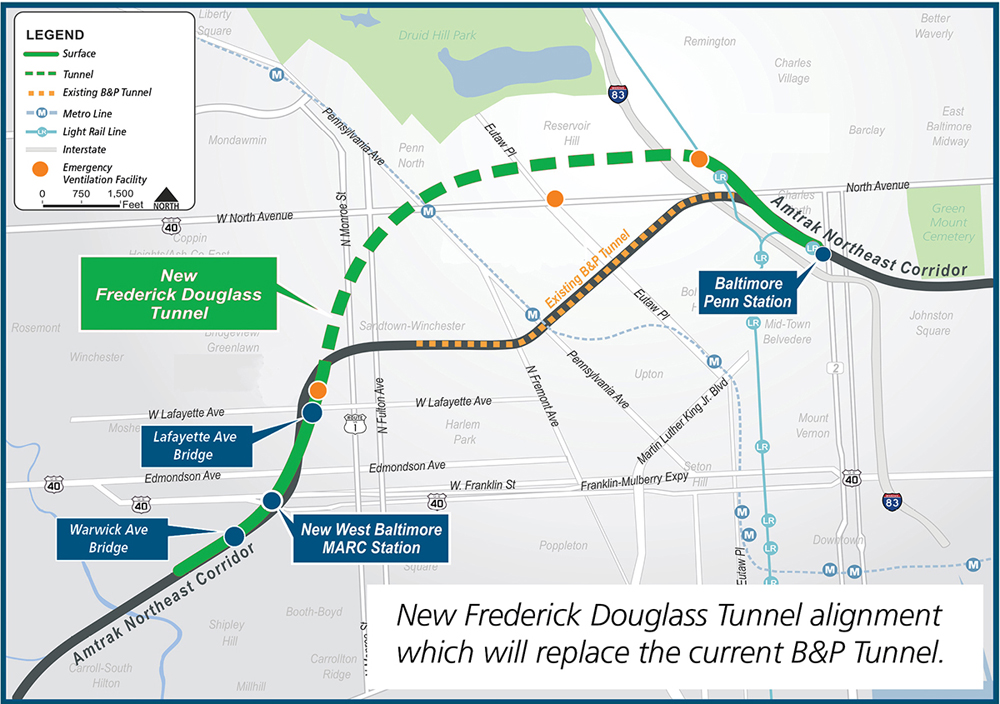 Map showing route of the current B&P Tunnel and the planned route of the Frederick Douglass Tunnel which will replace it