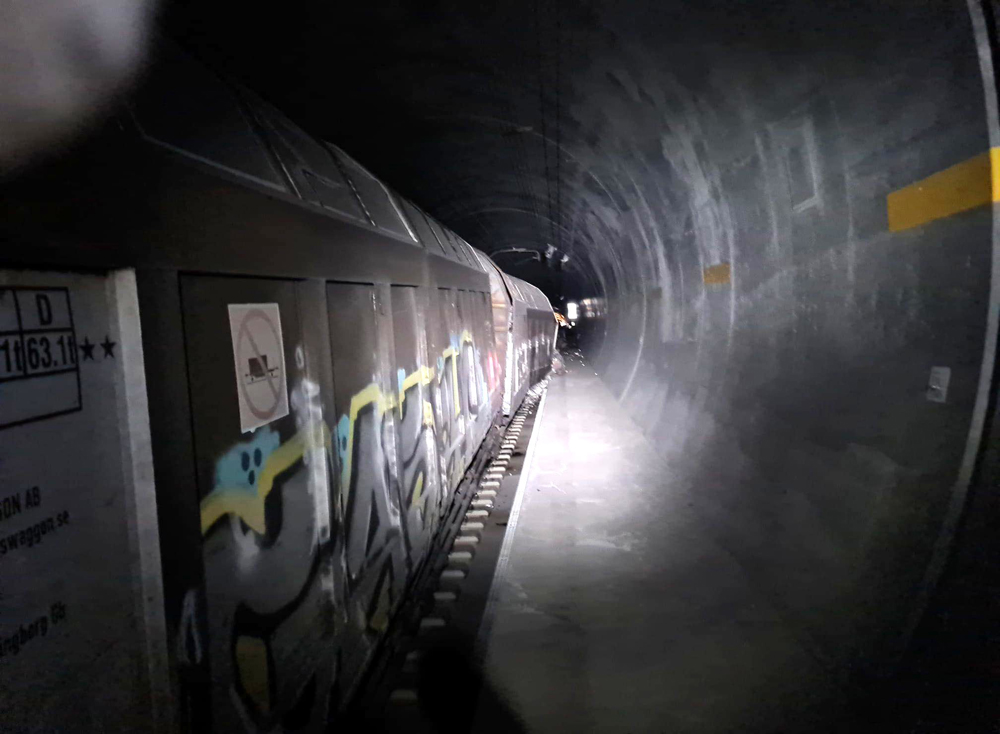 Derailed train inside tunnel