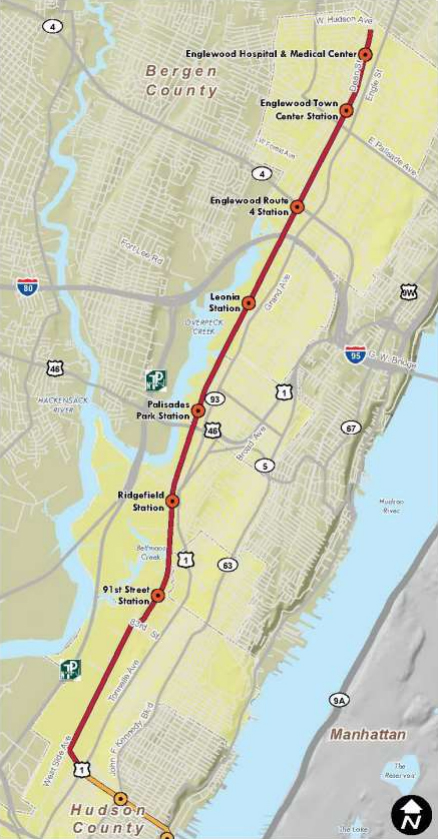 Map of proposed New Jersey light rail line