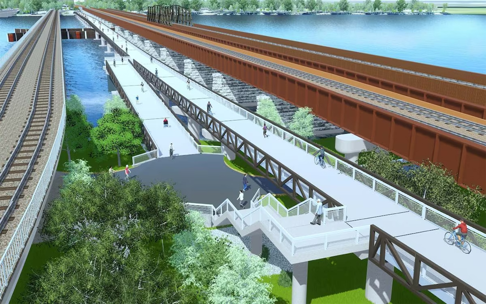 Rendering of rail and pedestrian bridges across river