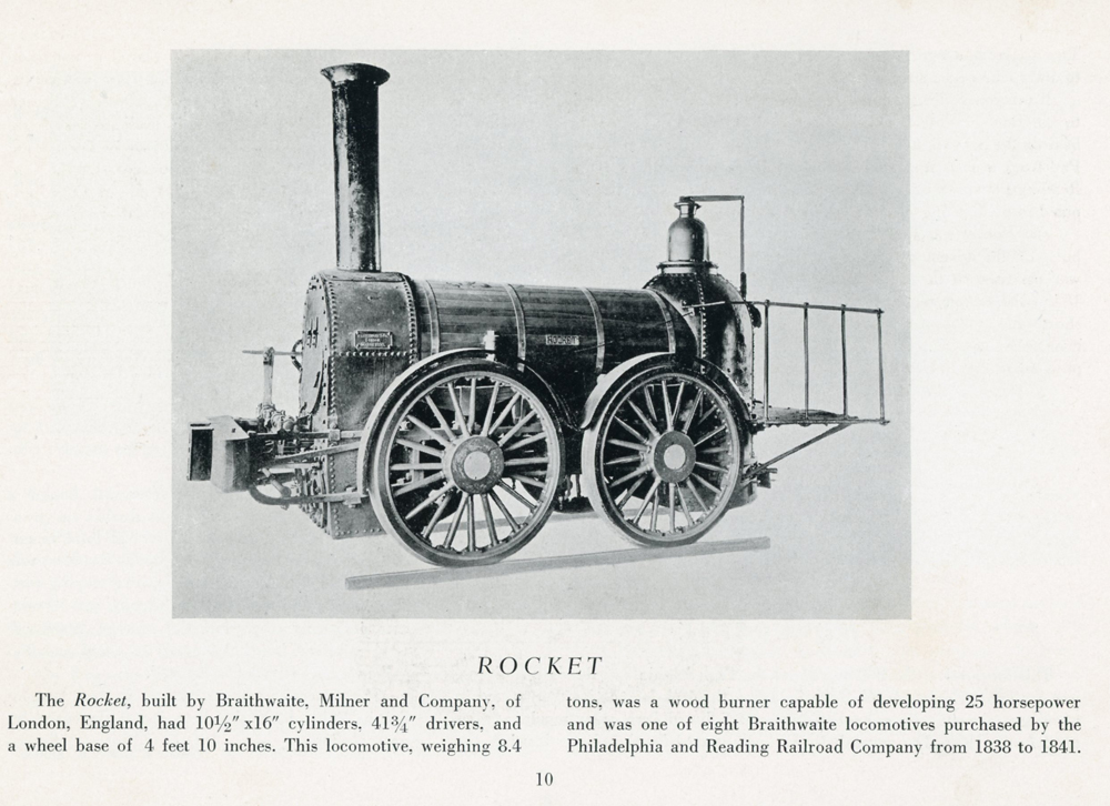 Black and white photo and book text of four-wheeled steam locomotive
