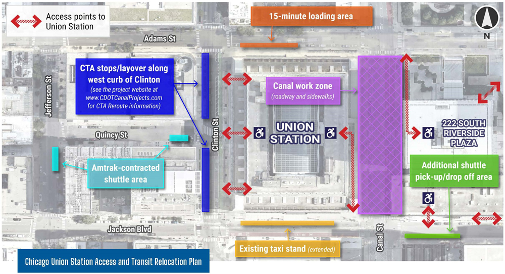 Map showing traffic changes and access points at Chicago Union Station